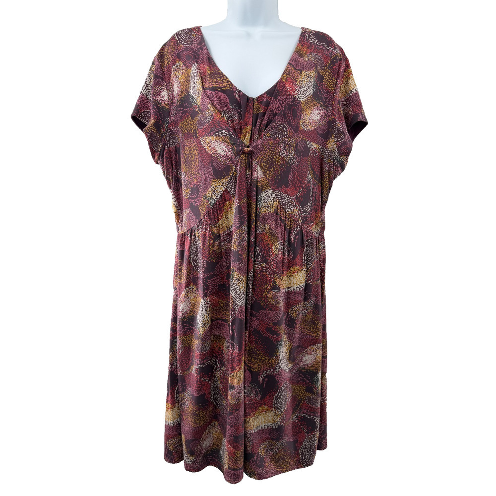 Garnet Hill Women's Size 18 V-Neck Knit Dress Burgundy Abstract Print Lined